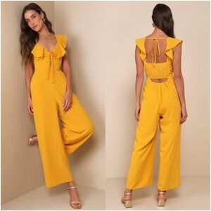 LULU'S Flawless Life Marigold
Ruffled Cutout Cropped Jumpsuit